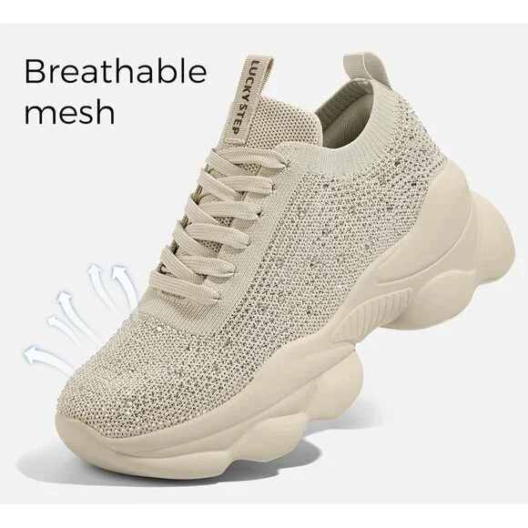 Lucky Step Women's Beige Rhinestone Sneaker Chunky Sparkly Bling Mesh Slip on - Picture 4 of 9